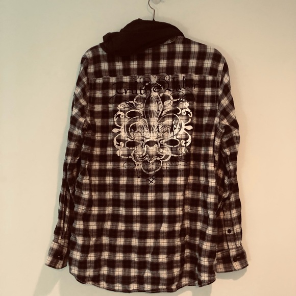 EXPRESS Truth & Valor Emblem Button Down Hoodie - Plaid Black, Grey & White.💥 - Picture 10 of 13